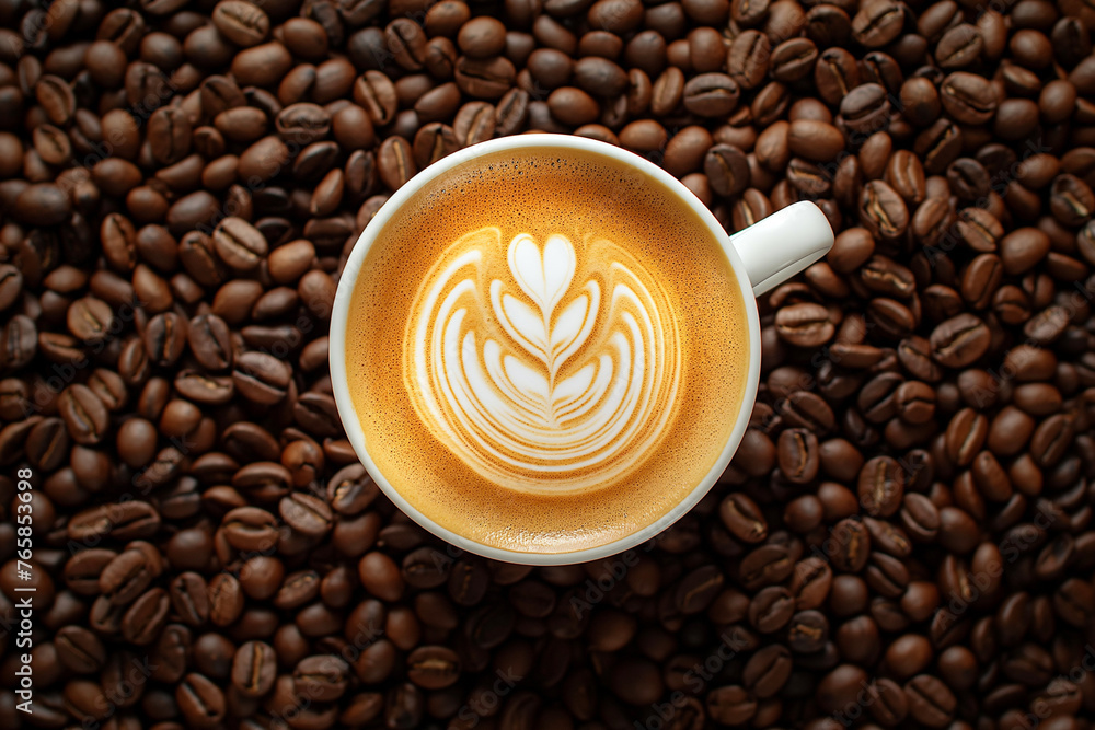 Coffee cup with latte art surrounded with coffee beans top view. Cup of freshly brewed cappuccino closeup on roasted coffee beans background. Fresh and hot coffee with milk. - obrazy, fototapety, plakaty 