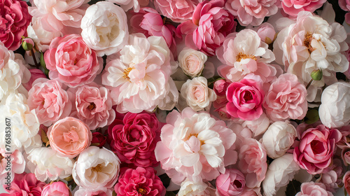 Flower wall background  ranunculus and roses texture. Bouquet  wedding floral background. Mix of pastel-colored flowers for florist boutique  online store catalog  flowers delivery  floral shop.