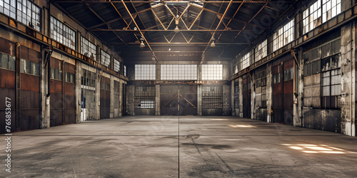Industrial warehouse interior and inside look with lightings, Generative AI