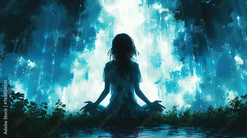 A woman meditating in the middle of nature, she glows blue and her hair flows like water. The sky behind her has rain falling from it. Created with Ai