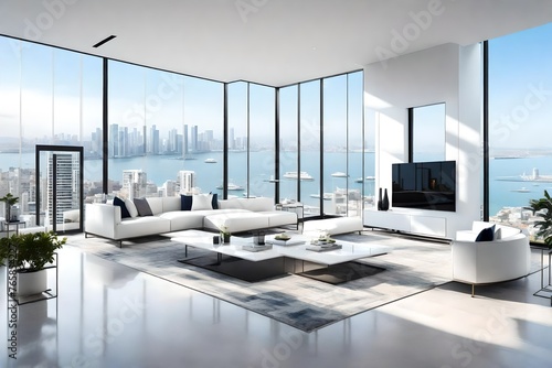 Modern living room with outside view from window.
