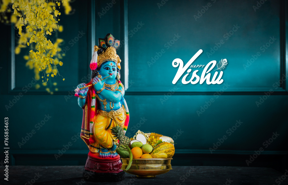 Vishu kani image with greeting, Lord krishna with kani arranged in brass uruli, happy Vishu 2024 background - obrazy, fototapety, plakaty 