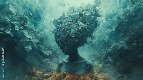 A surreal digital art piece depicting an underwater scene with the head of person made out of rocks and debris, set against swirling sea foam in shades of bluegreen and gray. Created with Ai