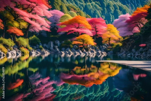 Colorful autumn trees in water.