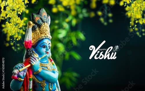 Happy Vishu greeting background, Lord Krishna with kani konna and Vishu calligraphy photo