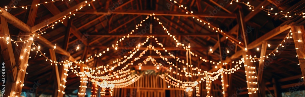 decorated barn with lights for a wedding ceremony 