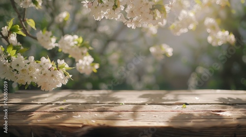 Spring background with white blossoms and wooden table  #765855059