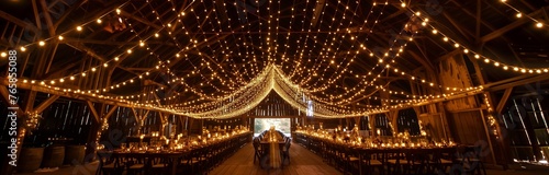 decorated barn with lights for a wedding ceremony 