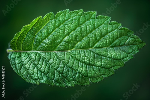 Close-up of a fresh green leaf, highlighting its intricate vein pattern and fine textures.