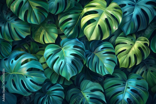 Lush tropical leaves in various shades of green forming a dense pattern.