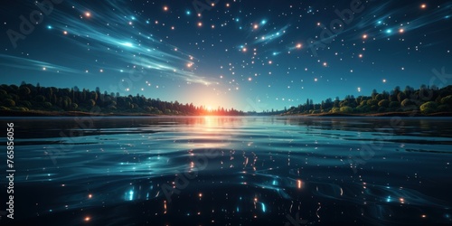 Stars above lake add a celestial touch to the night sky