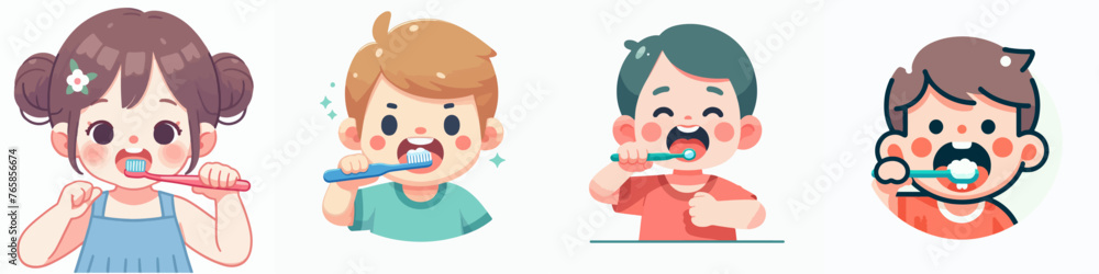 set vector illustration of kids brushing his teeth in flat design style