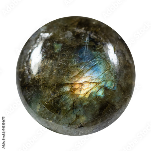 close up of sample of natural stone from geological collection - polished labradorite ball isolated on white background