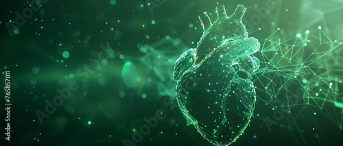 green High-Tech Digital Human Heart with Low Poly Wireframe on dark green Background. 3D Render with Polygon Mesh. 