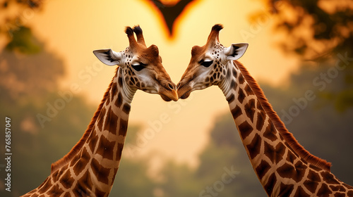 two giraffes in love with heart in background.