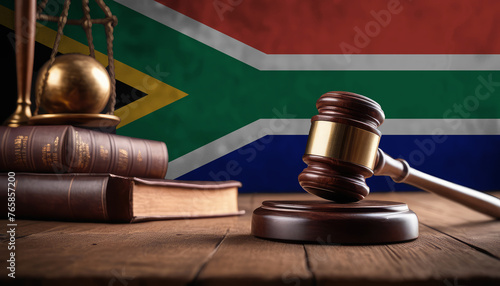 Justice gavel on South Africa flag. Law and justice in South Africa. Rights of citizens.
