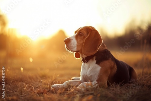 A Beagle basking in the warm glow of sunset, captured in a serene moment with space for text on the left side