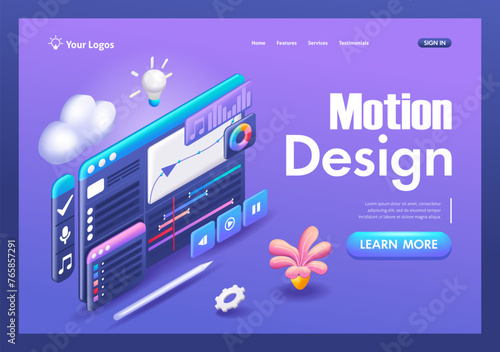 3D Isometric illustration, Cartoon. Animation creation program. Creating video clips, motion design. Trending Landing Page