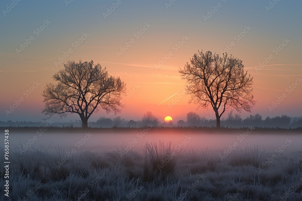 Morning mist in a wintry Dutch polder landscape. The sun is just rising and the grass is still frosted. In the foreground are two trees silhouetted against the sky - obrazy, fototapety, plakaty 