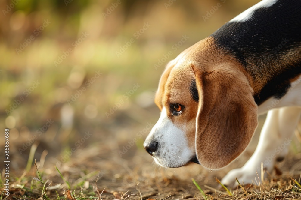 A Beagle with a keen sense of smell, sniffing the ground with intent, with copy space available on the right side of the image.