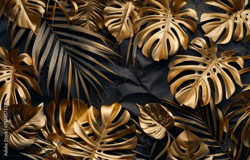 Multiple gold leaves scattered on a solid black background © pham