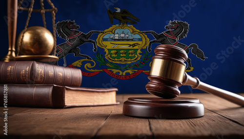 Justice gavel on Pennsylvania flag. Law and justice in Pennsylvania. Rights of citizens. photo