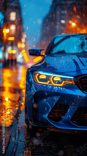 Vertical view of a blue sportscar parked on a rain-soaked city street at twilight, headlights shining through the downpour. © AI Visual Vault