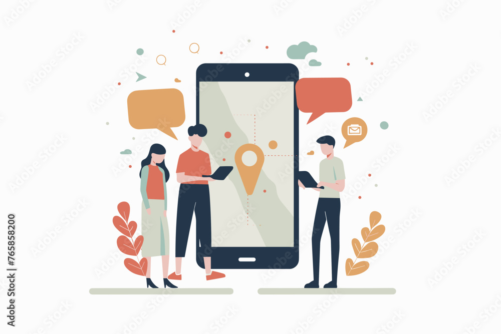 Mobile Communication Concept - Businessman with Smartphone, Chat Bubbles, Email Symbols. Online Support, Messaging, Emailing. Creative Vector Illustration for Web Banner, Social Media Ad, Presentation