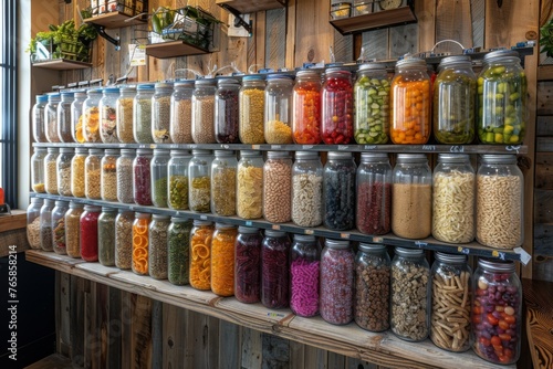 Glass jars filled with various dry foods on wooden shelves.