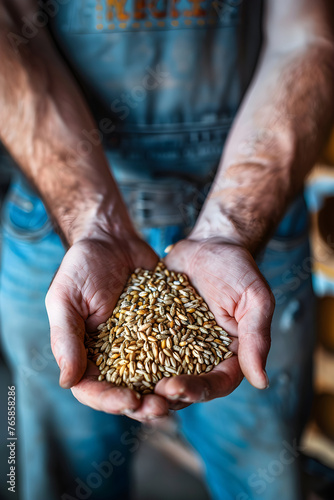 Close up of a brewer holding malt in his hands in a Brewery