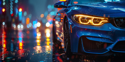 A blue sports car parked on a wet urban street at night, reflecting city lights and with a sleek, modern design. 