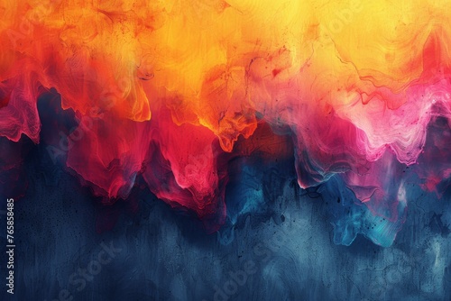 Fiery abstract watercolor resembling a vibrant landscape with intense reds bleeding into cool blues. photo