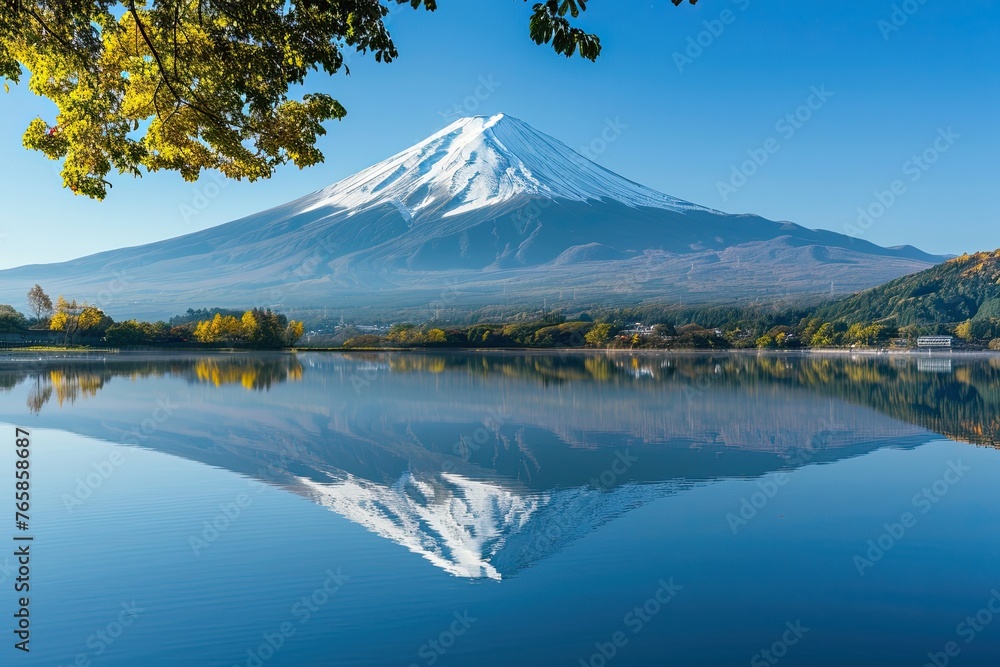 Mountain Fuji in the early morning with reflection on the lake kawaguchiko