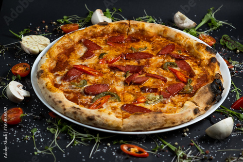 pizza alla diavola with spicy salami, mozzarella, tomato and basil. view from top. black stone background