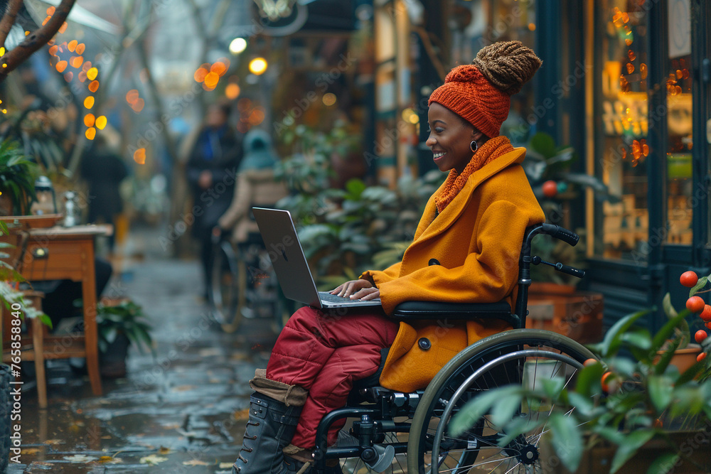Obraz premium happy smiling young african American woman at wheelchair sitting in street sidewalk cafe with green plants works on laptop have videochat laughing, AI