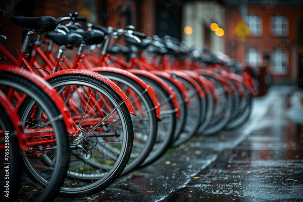 Red city bikes lined up at a sharing station, wet from rain, reflecting city life.