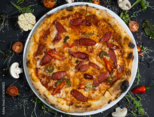 pizza alla diavola with spicy salami, mozzarella, tomato and basil. view from top. black stone background