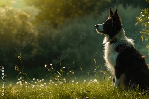 A Border Collie poised attentively on a lush green meadow, its intelligent eyes fixed on its handler as they engage in a game of fetch, photo