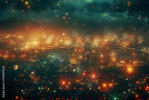 Rainy city night with vivid reflections of multicolored bokeh lights.