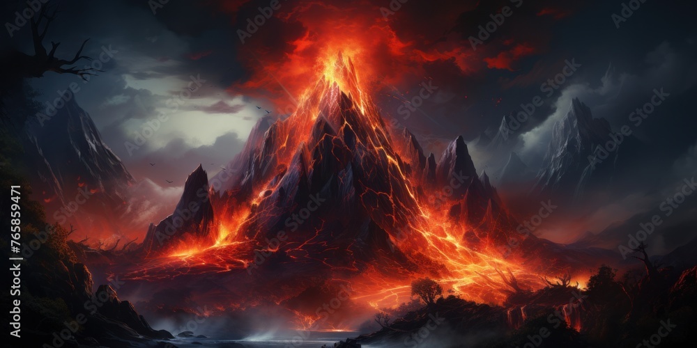 A mountain erupting with lava