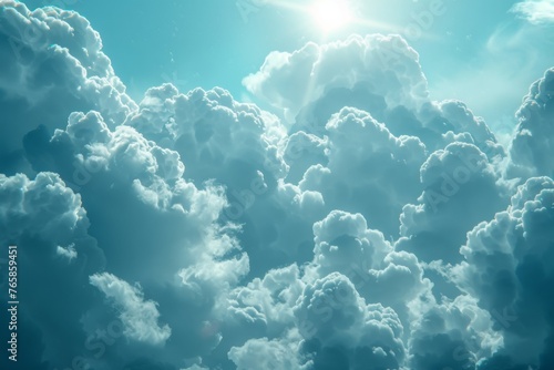 Voluminous cumulus clouds under a radiant sun with dynamic lighting.