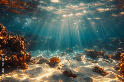 Rays of light filter through water onto a rocky ocean floor, revealing an underwater sanctuary.