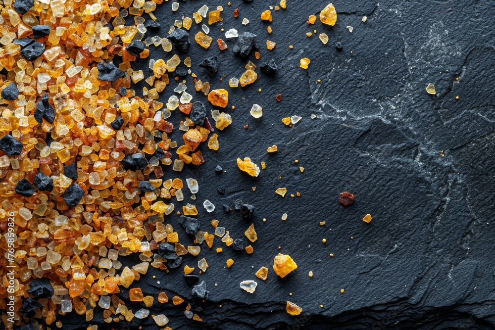 Scattered amber rock crystals against a rugged black slate, highlighting nature's raw beauty.