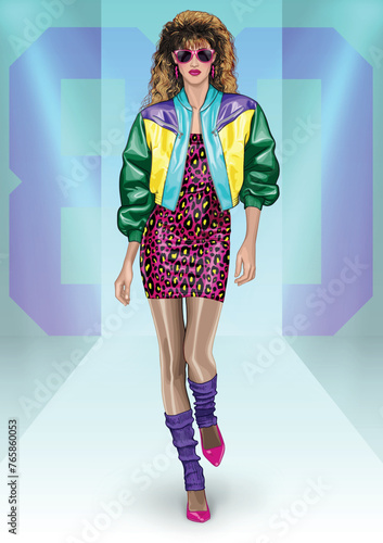 fashion model parading on the catwalk, dressed in 80s style clothes. vector illustration. all items of clothing or accessories are removable, leaving the woman naked