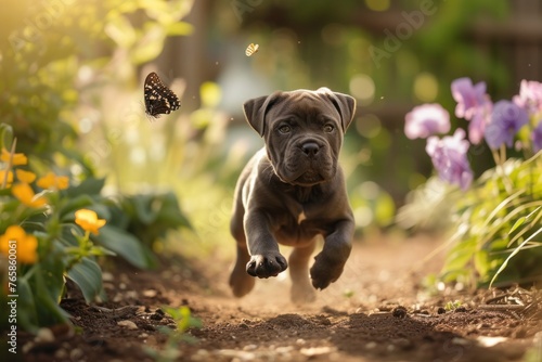 A Cane Corso puppy playfully chasing after a fluttering butterfly in a sun-dappled garden, its boundless curiosity on full display, photo