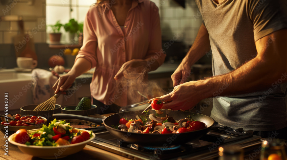 A man and a woman are preparing food together in a modern kitchen. A man and a woman are preparing food together in a modern kitchen.