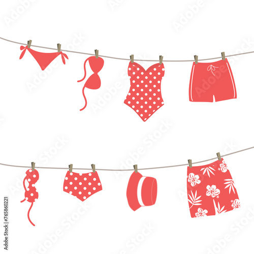 Red swimsuits and swimming trunks hanging on clotheslines. Beautiful swim wear dry on clothespins after swimming. Summer vector illustration in red colors