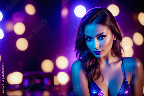 Disco event, DJ dancer woman in neon lights. Sexy girl at the night club party. generative ai