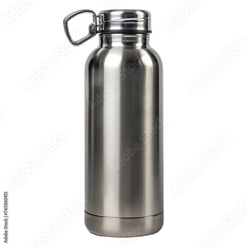 Stainless steel insulated water bottle with a carabiner, concept of sustainability and outdoor activities