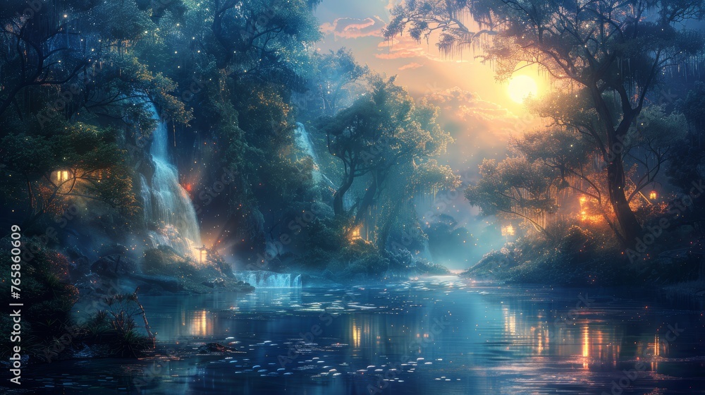 A forest with a river and a waterfall. The water is calm and the sky is blue